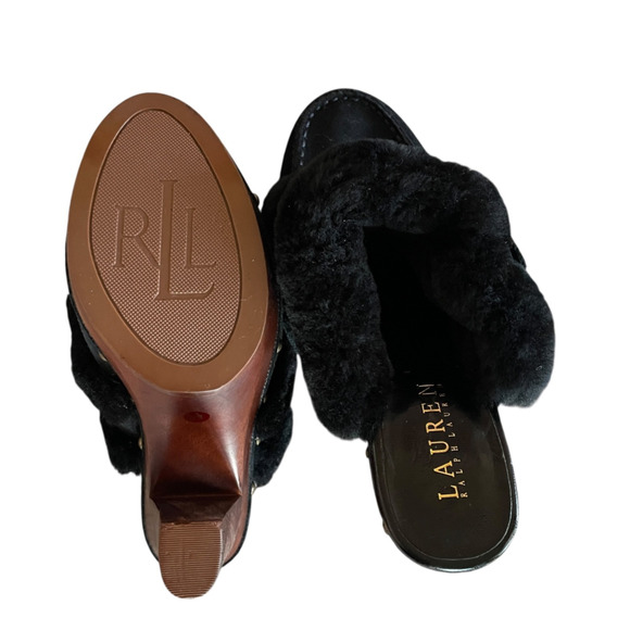 LAUREN RALPH LAUREN Woman's Size 6.5 Black Suede Faux Fur 5" Heel Platform Clogs - Picture 8 of 12